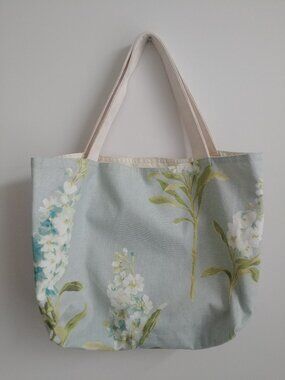 Blue fabric floral tote bag cherry blossoms
